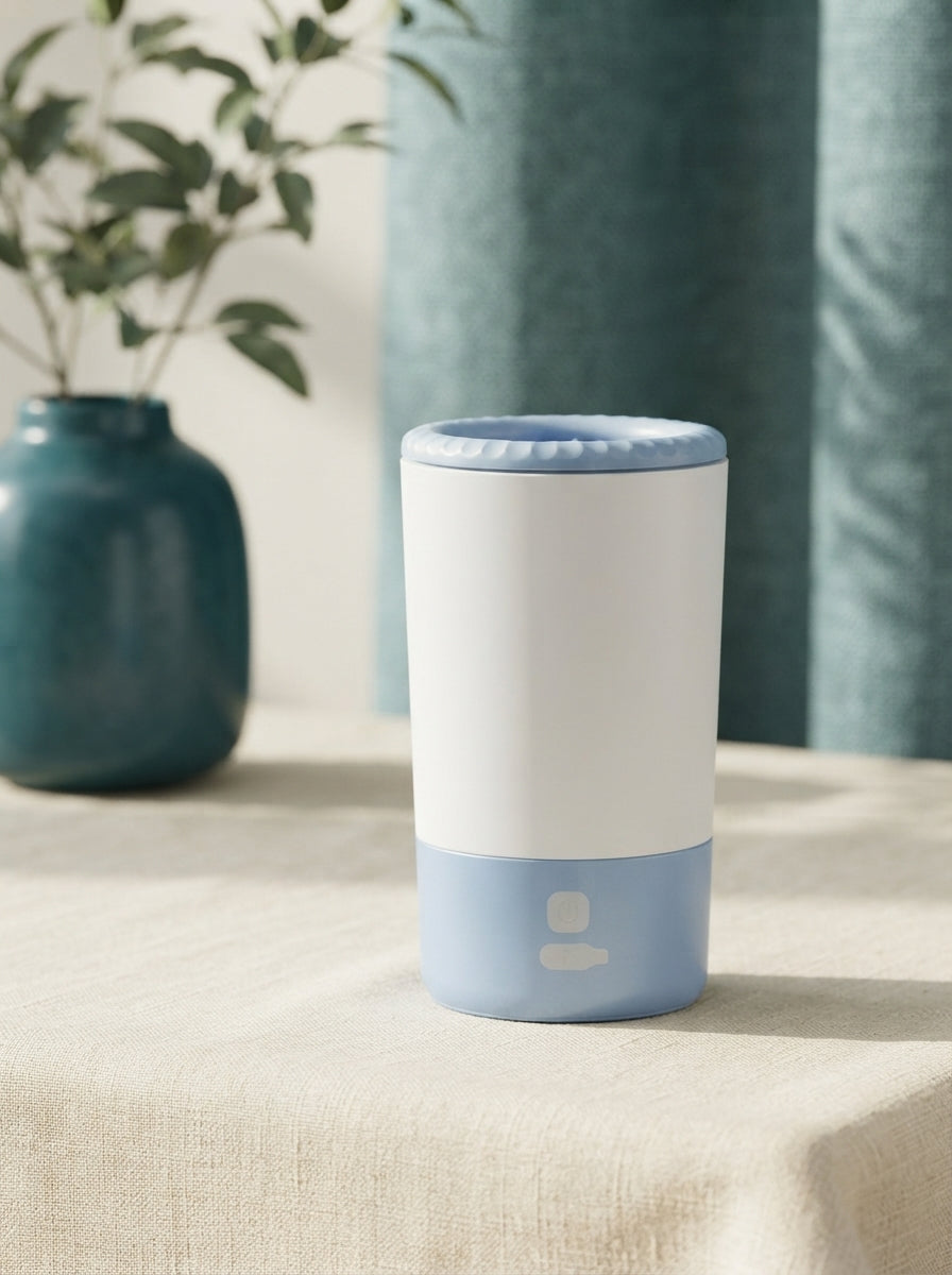Electric automatic pet paw washer with silicone bristles sitting on a cream surface with teal decor in the background.